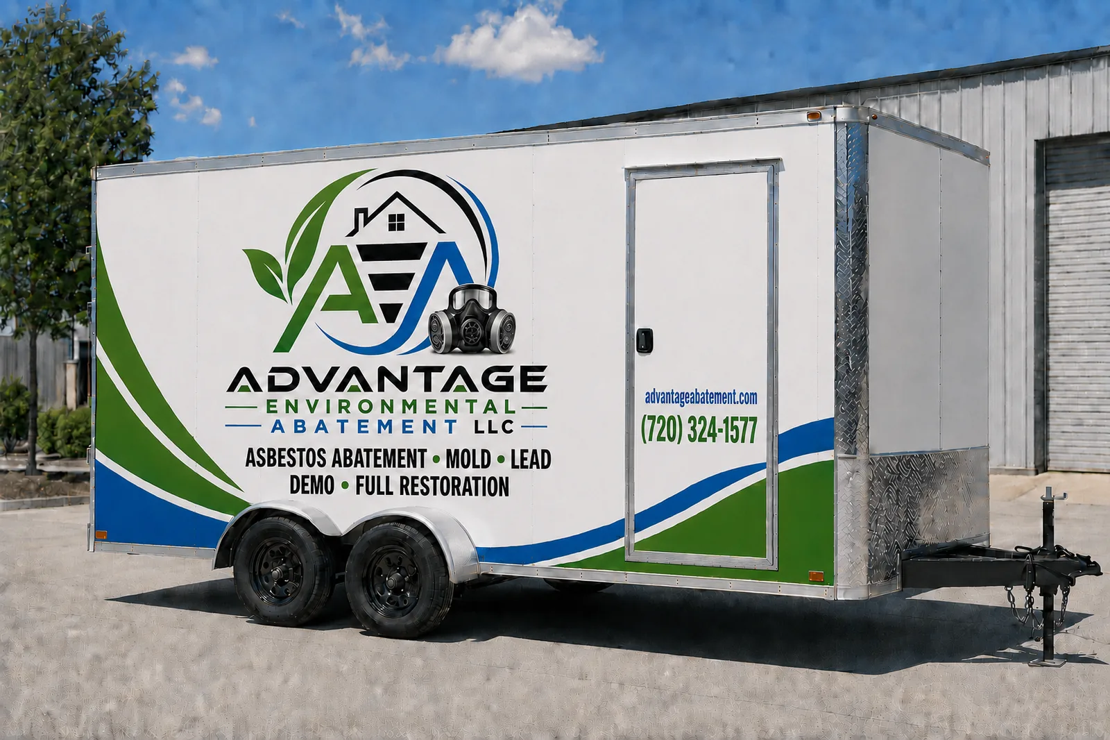 Advantage Environmental Abatement branded enclosed trailer for asbestos, mold, lead, and demolition work in Denver, Colorado