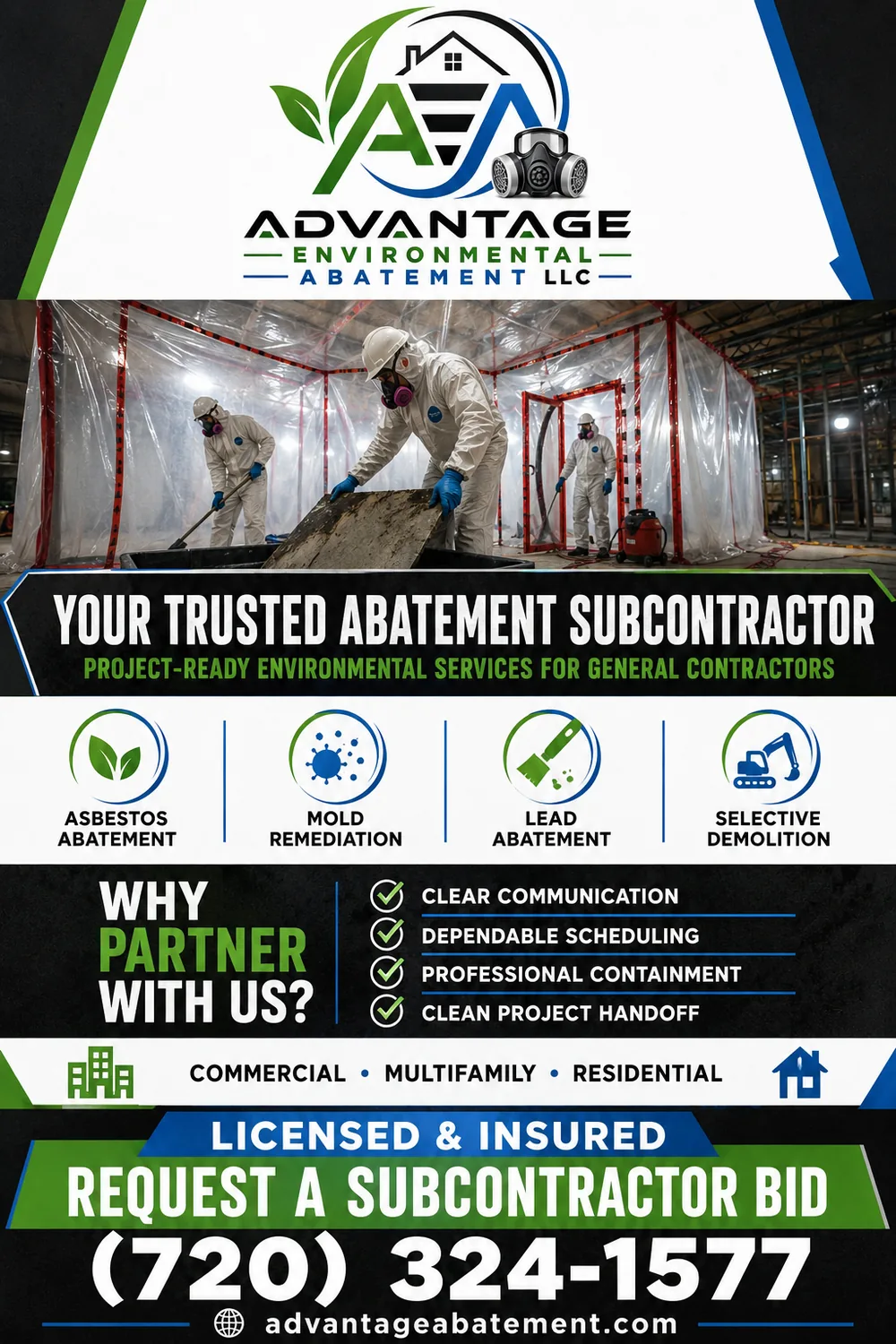 Advantage Environmental Abatement subcontractor services sheet listing asbestos abatement, mold remediation, lead abatement, and selective demolition for Denver general contractors