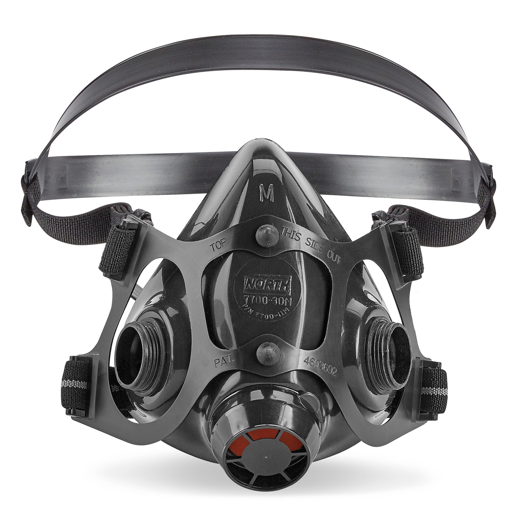 Honeywell North 7700 Series silicone half mask respirator, stamped size M and 7700-30M, facepiece and head harness only, no filters attached